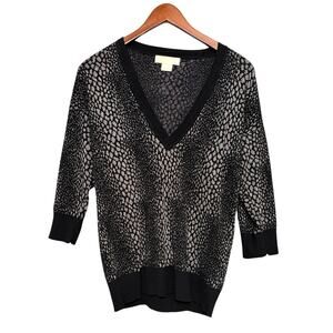 Michael Kors Black Metallic Animal Print V Neck 3/4 Sleeve Sweater M